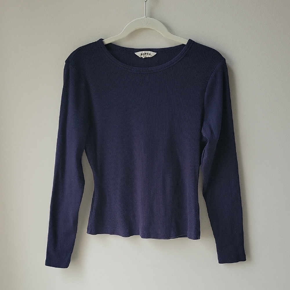 Boden Women Top Crewneck Ribbed Fitted Navy‎ Blue Long Sleeve Size Large
